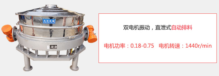 雙電機(jī)振動(dòng)，直泄式自動(dòng)排料電機(jī)功率：0.18-0.75   電機(jī)轉(zhuǎn)速：1440r/min。