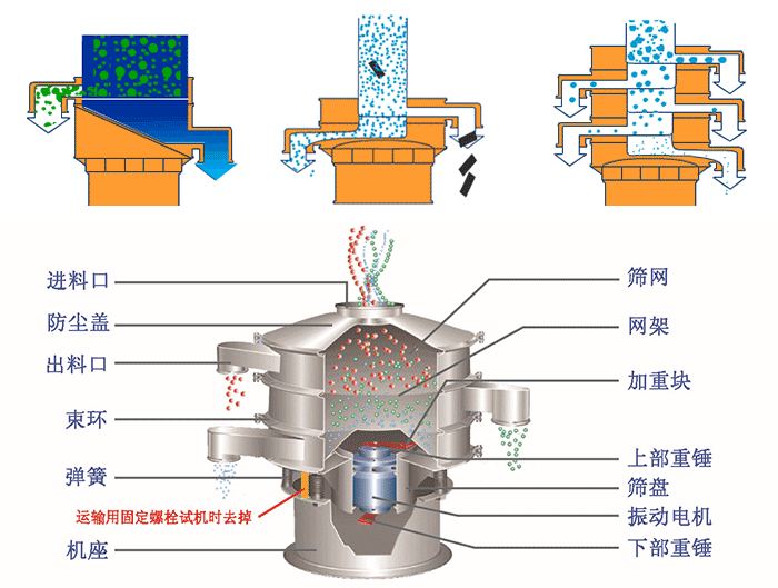 不銹鋼旋振篩結(jié)構(gòu)展示：篩網(wǎng)，出料口，束環(huán)，彈簧，防塵蓋，機(jī)座等