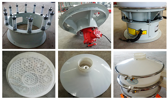 塑料振動篩彈簧底座安裝，振動電機安裝，篩網(wǎng)，防塵蓋等安裝圖片展示
